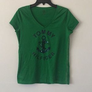 Tommy Hilfiger green Tshirt w/ sequins & anchor. S